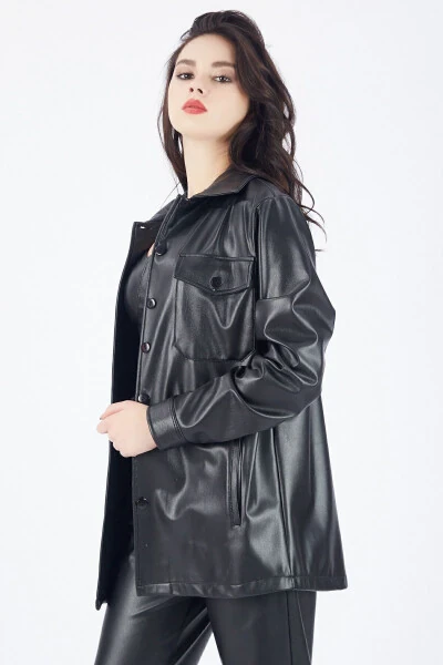 Button-Up U-Sleeve Leather Shirt with Front Pocket Gml33163 Black - SENSE (1)