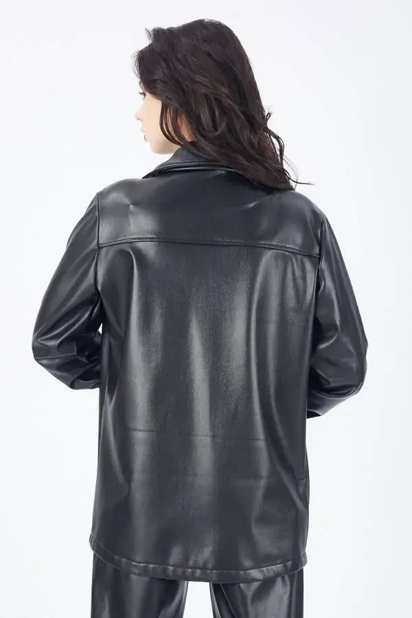 Button-Up U-Sleeve Leather Shirt with Front Pocket Gml33163 Black - 5