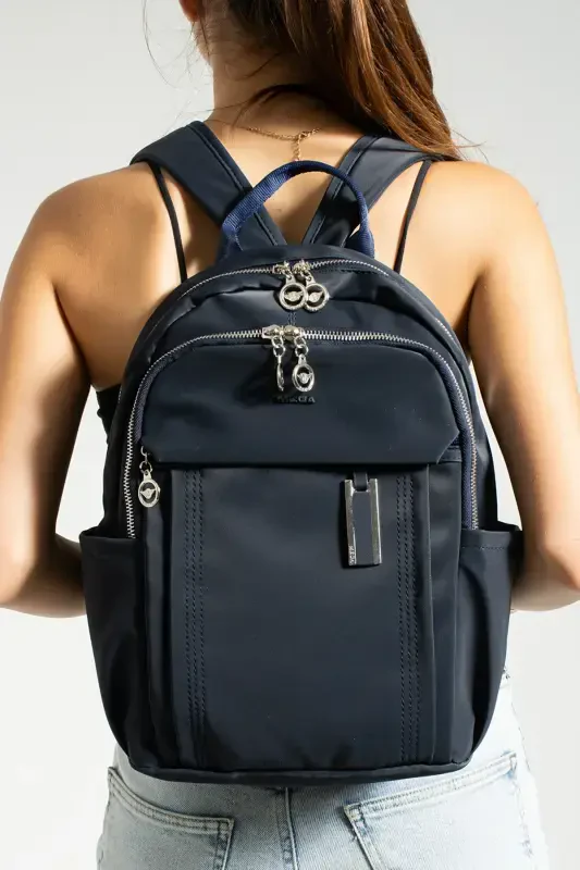 Button Women's Navy Blue Multi-Compartment Backpack - Large Volume, Water Resistant, Sports and School Bag-NAVY BLUE - GETCHO