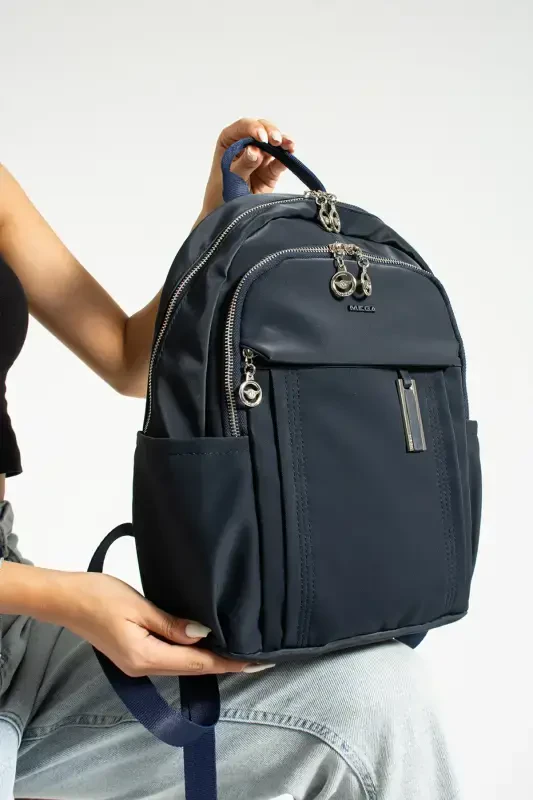 Button Women's Navy Blue Multi-Compartment Backpack - Large Volume, Water Resistant, Sports and School Bag-NAVY BLUE - 2