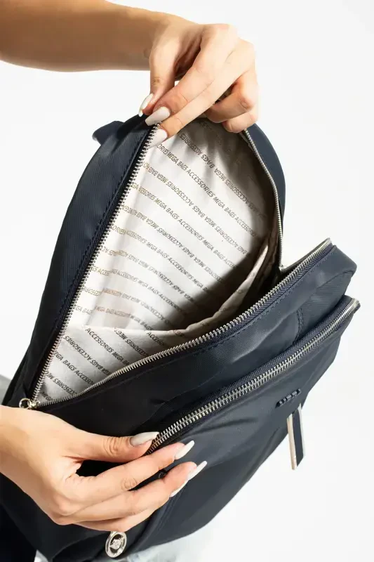 Button Women's Navy Blue Multi-Compartment Backpack - Large Volume, Water Resistant, Sports and School Bag-NAVY BLUE - 4