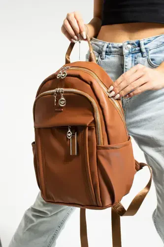 Button Women's Tan Multi-Compartment Backpack – Large Volume, Water Resistant, Sports and School Bag-TAN - 1