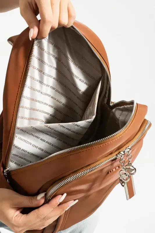 Button Women's Tan Multi-Compartment Backpack – Large Volume, Water Resistant, Sports and School Bag-TAN - 3