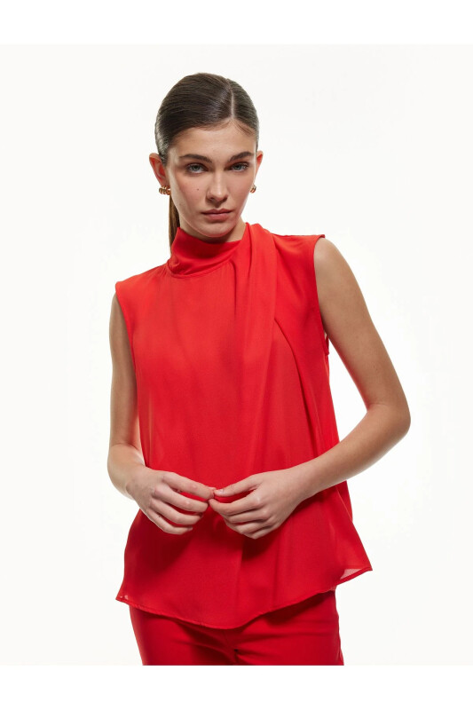 Buttoned Asymmetric Stand-up Collar Sleeveless Crepe Blouse - Koton
