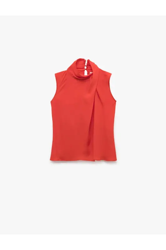 Buttoned Asymmetric Stand-up Collar Sleeveless Crepe Blouse - 3