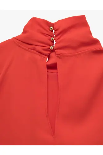 Buttoned Asymmetric Stand-up Collar Sleeveless Crepe Blouse - 6