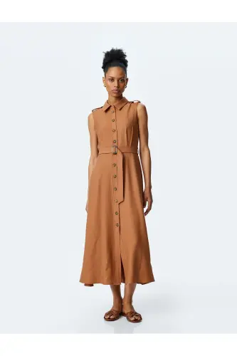 Buttoned Belt Detailed Pocketed Sleeveless Viscose Midi Shirt Dress - 2