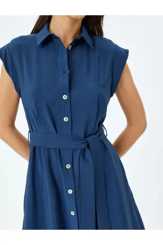 Buttoned Belted Pocketed Sleeveless Midi Shirt Dress - 5