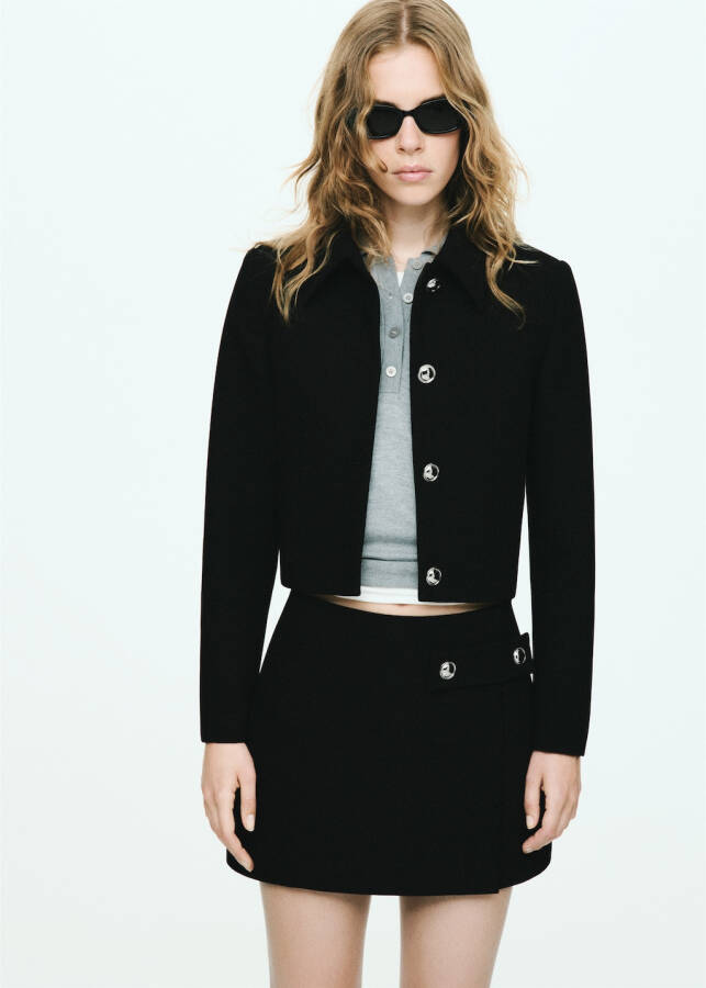 Buttoned, black, cropped jacket. - 5