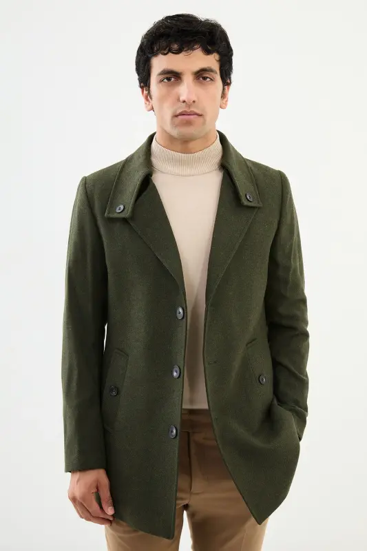 BUTTONED COLLAR COAT - KHAKI - 1