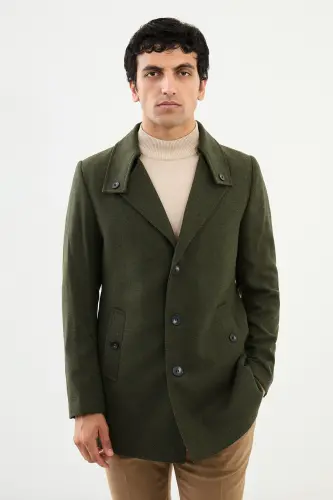 BUTTONED COLLAR COAT - KHAKI - 3