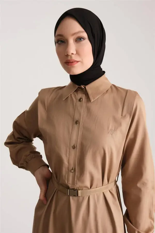 Buttoned Cotton Gabardine Dress 24y9807 Camel - 2