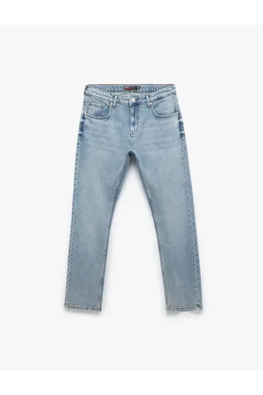 Buttoned Cotton Regular Waist Straight Fit Jean Pants - 4