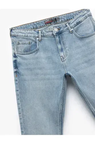 Buttoned Cotton Regular Waist Straight Fit Jean Pants - 6