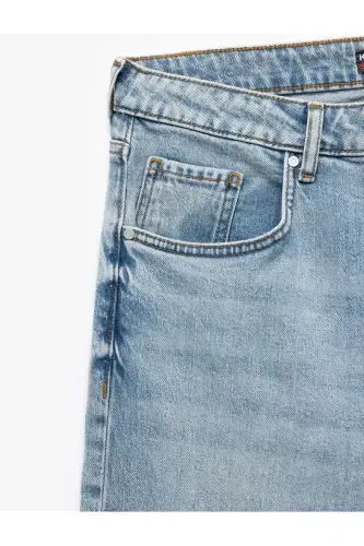 Buttoned Cotton Regular Waist Straight Fit Jean Pants - 7