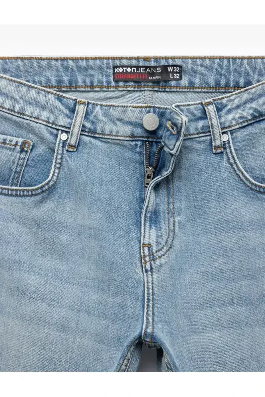 Buttoned Cotton Regular Waist Straight Fit Jean Pants - 8