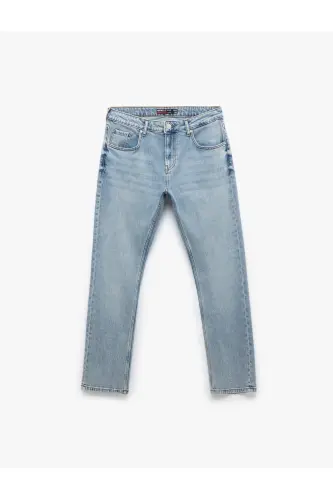 Buttoned Cotton Regular Waist Straight Fit Jean Pants - 4