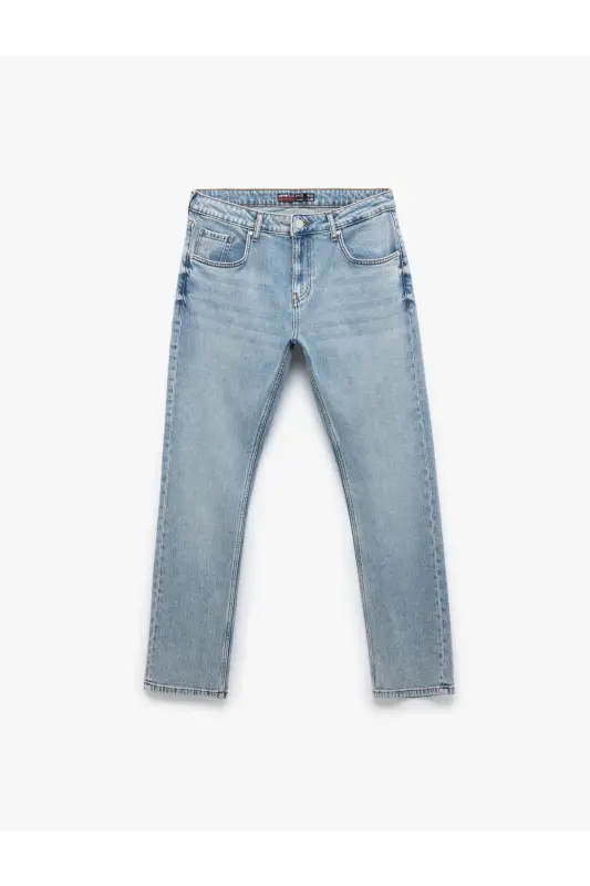 Buttoned Cotton Regular Waist Straight Fit Jean Pants - 4