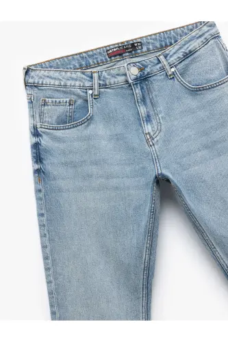 Buttoned Cotton Regular Waist Straight Fit Jean Pants - 6