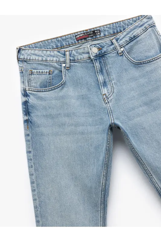 Buttoned Cotton Regular Waist Straight Fit Jean Pants - 6