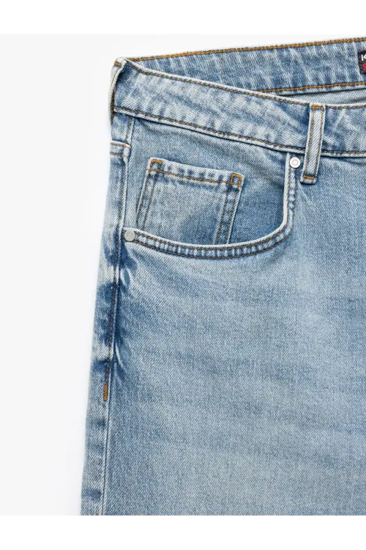 Buttoned Cotton Regular Waist Straight Fit Jean Pants - 7