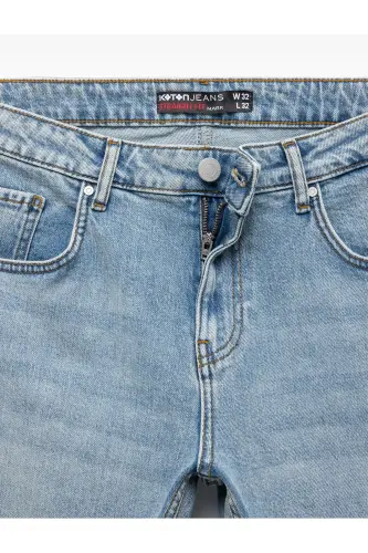 Buttoned Cotton Regular Waist Straight Fit Jean Pants - 8