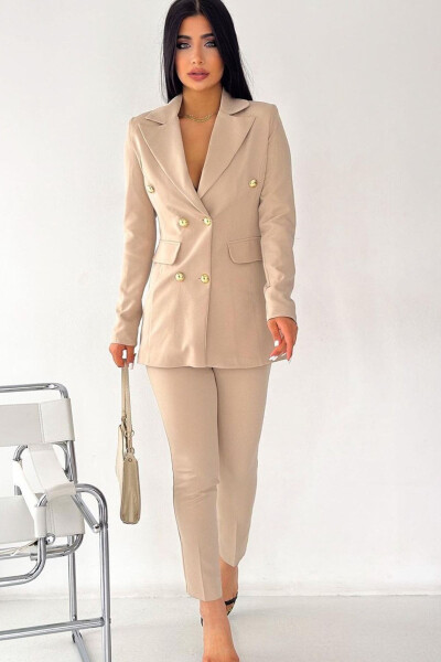 Buttoned Fake Pocket Blazer Jacket Straight Leg Belted Pocket Elastic Pants Asymmetrical Cut Suit Dress - 1