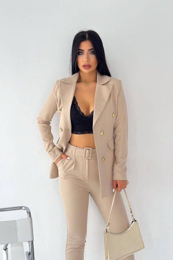 Buttoned Fake Pocket Blazer Jacket Straight Leg Belted Pocket Elastic Pants Asymmetrical Cut Suit Dress - 5