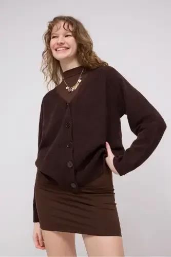 Buttoned Knit Cardigan H3440-AcÄ± Coffee - 3