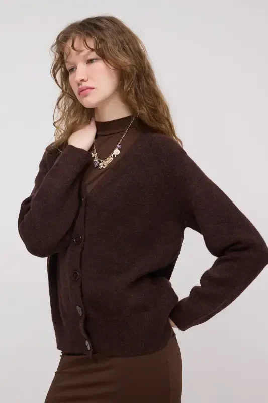 Buttoned Knit Cardigan H3440-AcÄ± Coffee - 6