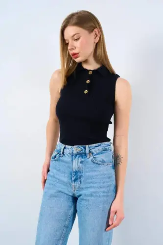 Buttoned Knit Tank Top - Black - 1