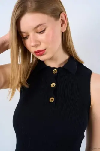 Buttoned Knit Tank Top - Black - 4