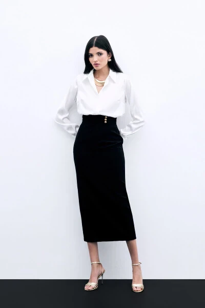 Buttoned Midi Skirt - BLACK - SATEEN