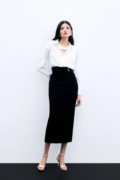 Buttoned Midi Skirt - BLACK - SATEEN (1)