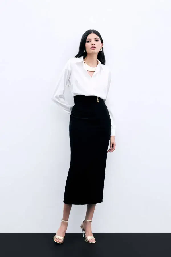 Buttoned Midi Skirt - BLACK - 2