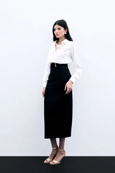 Buttoned Midi Skirt - BLACK - 3