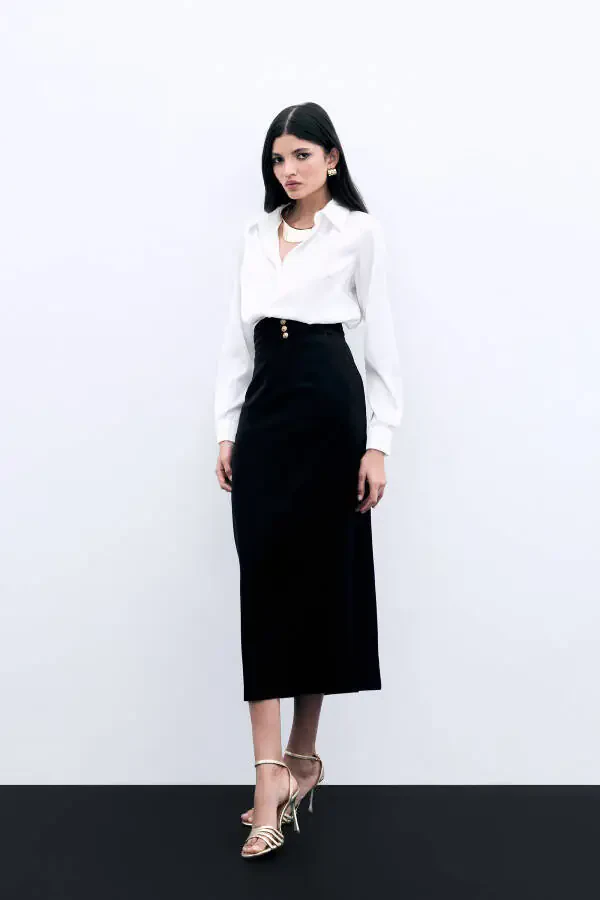 Buttoned Midi Skirt - BLACK - 4