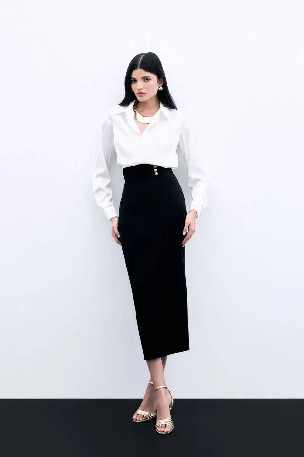 Buttoned Midi Skirt - BLACK - 5