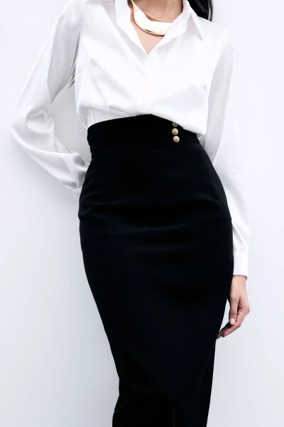 Buttoned Midi Skirt - BLACK - 6