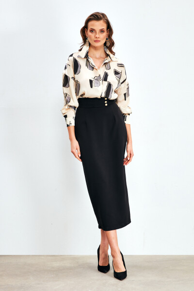 Buttoned Midi Skirt - BLACK - 7