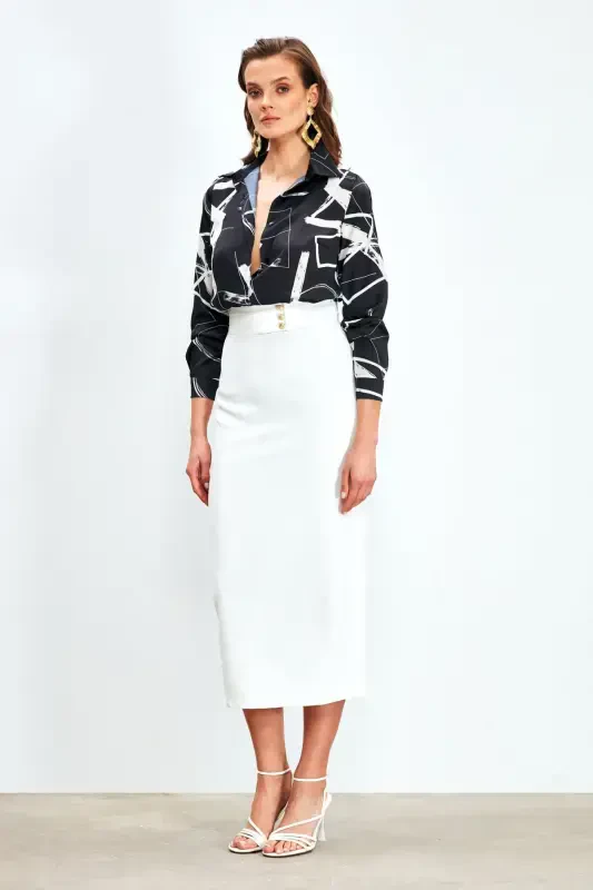 Buttoned Midi Skirt - ECRU - SATEEN