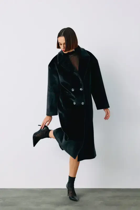 Buttoned Overcoat - BLACK-BLACK - SATEEN