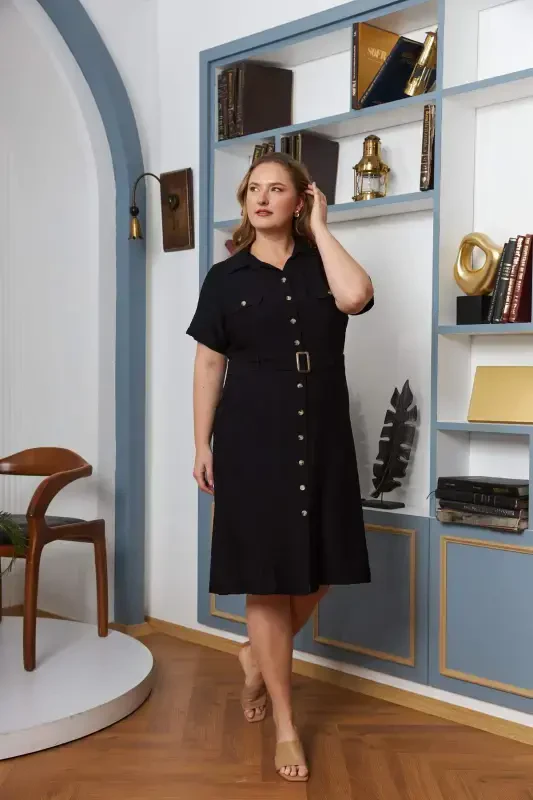 Buttoned Plus Size Short Sleeve Dress Black with Belt and Pocket Detail - 1