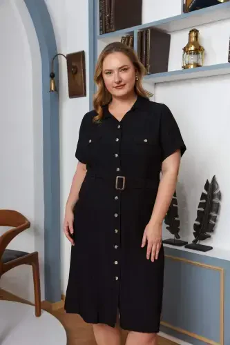 Buttoned Plus Size Short Sleeve Dress Black with Belt and Pocket Detail - BÜYÜKBEDENIZ (1)