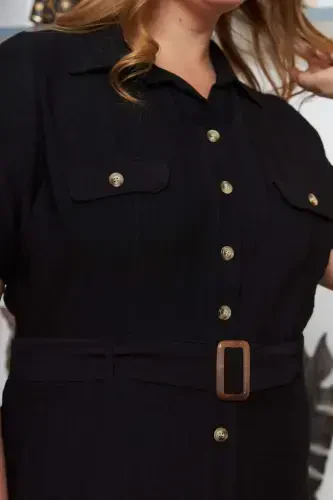 Buttoned Plus Size Short Sleeve Dress Black with Belt and Pocket Detail - 6