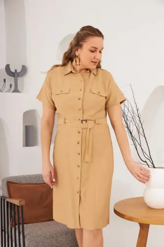 Buttoned Plus Size Short Sleeve Dress Mink with Belt and Pocket Detail - 4