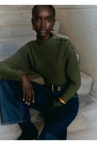 Buttoned ribbed sweater on the shoulder-Khaki Color - 8