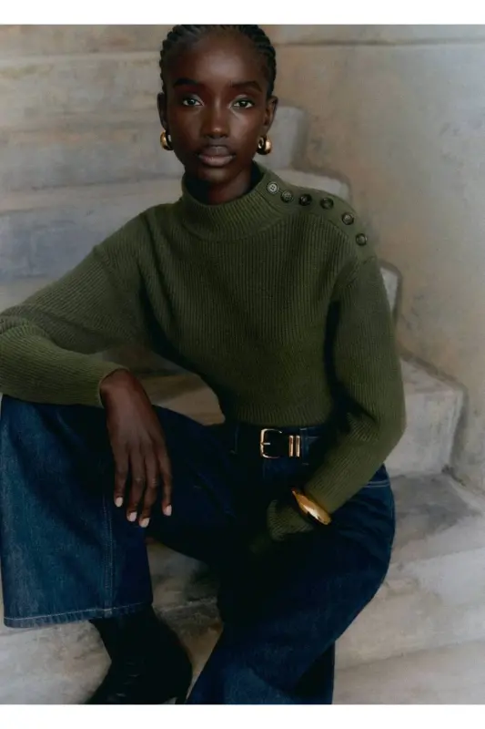 Buttoned ribbed sweater on the shoulder-Khaki Color - 8