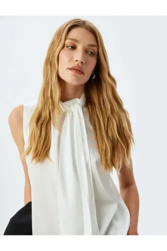 Buttoned Shawl Collar Sleeveless Satin Blouse-Ecru - 1