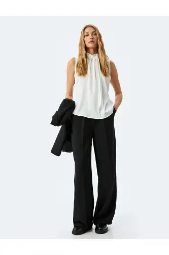 Buttoned Shawl Collar Sleeveless Satin Blouse-Ecru - 2